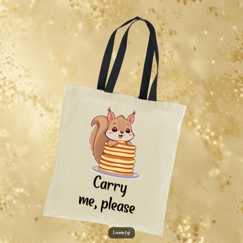 Funny tote bag with a cheerful squirrel balancing a tall stack of pancakes, a humorous and practical accessory.
