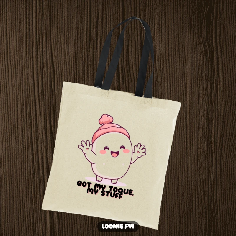 Funny tote bag featuring a happy toque character giving a warm and welcoming wave.