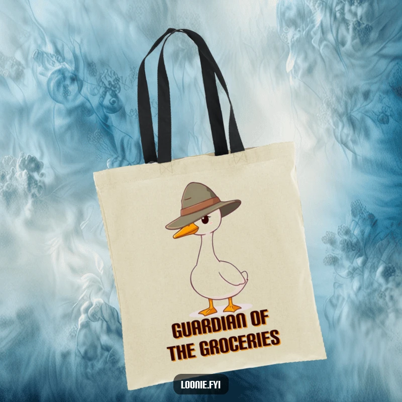 Funny tote bag with a goose ranger standing guard, perfect for carrying items with a humorous and protective vibe, a stylish and amusing accessory.