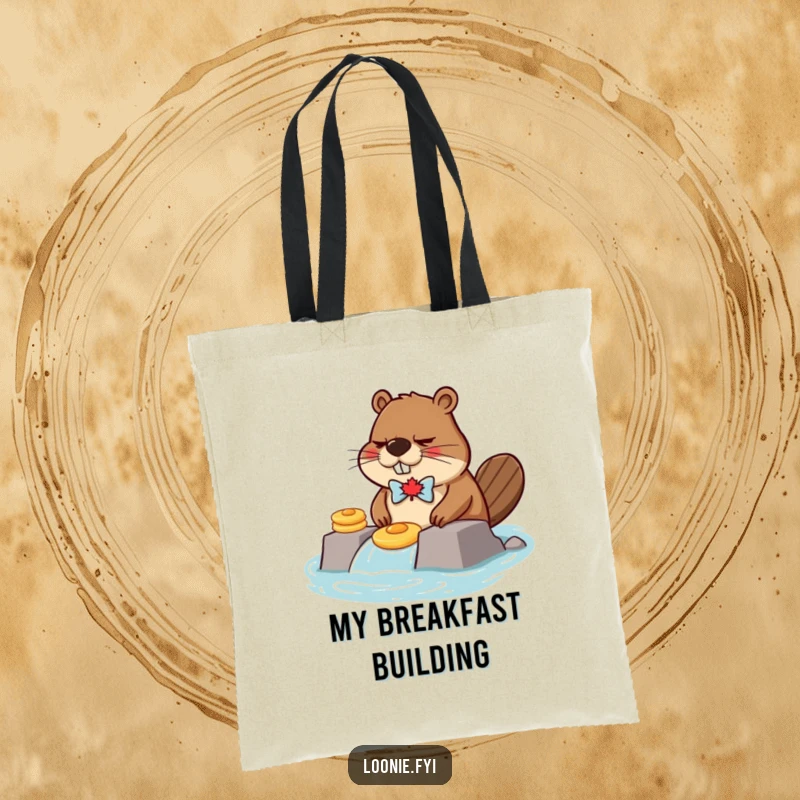 Funny grumpy beaver wearing a maple leaf bow tie, building a dam with pancakes, on a durable tote bag.