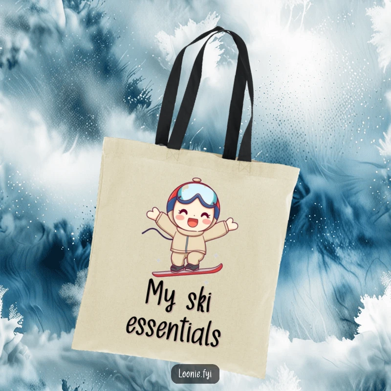 Funny tote bag showcasing a smiling character executing a triumphant ski jump, perfect for carrying essentials with style.