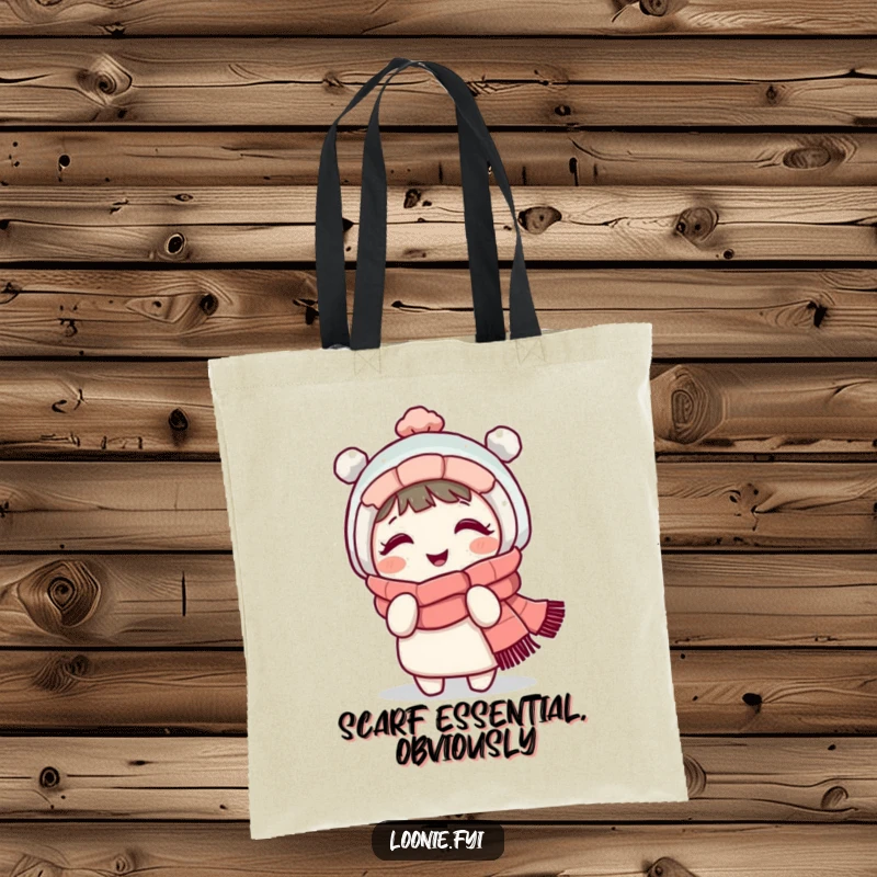 Funny tote bag with a cheerful giggling character in a winter scarf, playfully shivering, offering ample space for humor and belongings.