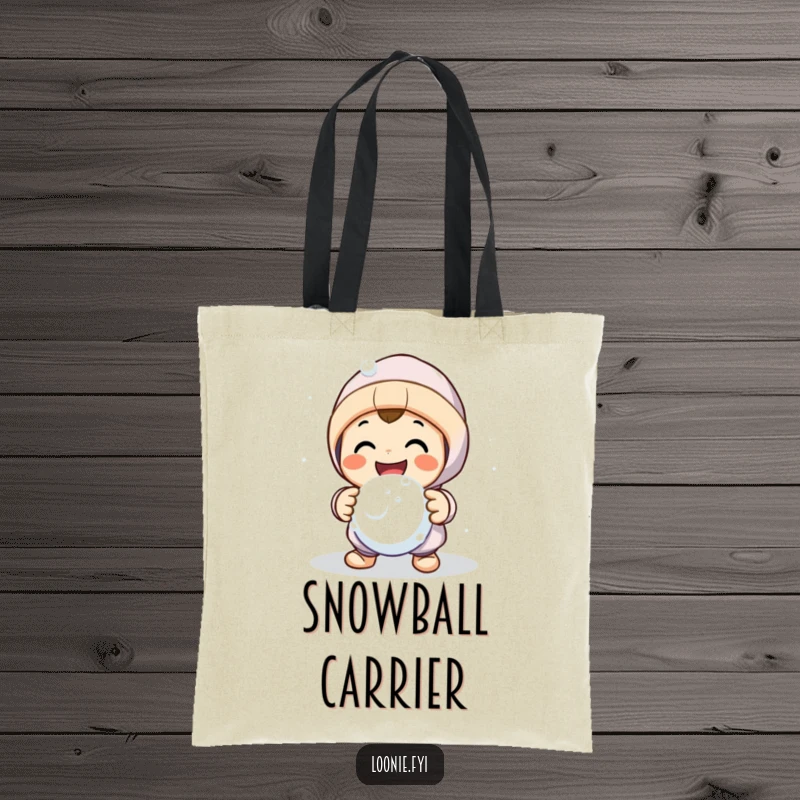 Funny tote bag depicting a smiling character in a friendly snowball fight pose, perfect for carrying items with a humorous touch.